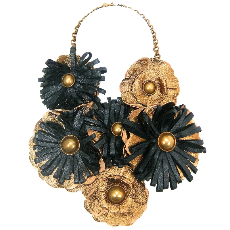 crystal pendant necklaces for women-#781n Bronze & Black Leather Flower Oversized Bib Necklace