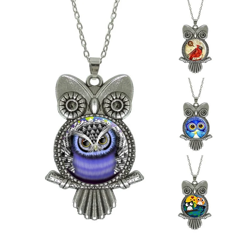 heart-shaped necklaces for women-Glass Cabochon Owl Pictured Pendant Necklace - Jewelry Statement with Silver Link Chain - Perfect Gift