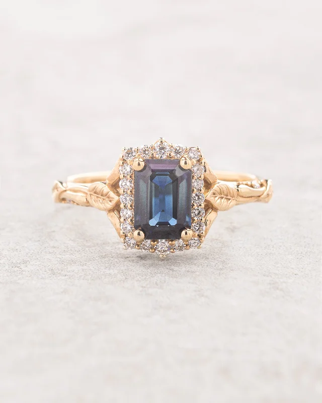 Natural sapphire engagement ring with diamond halo, emerald cut gemstone ring / Florentina