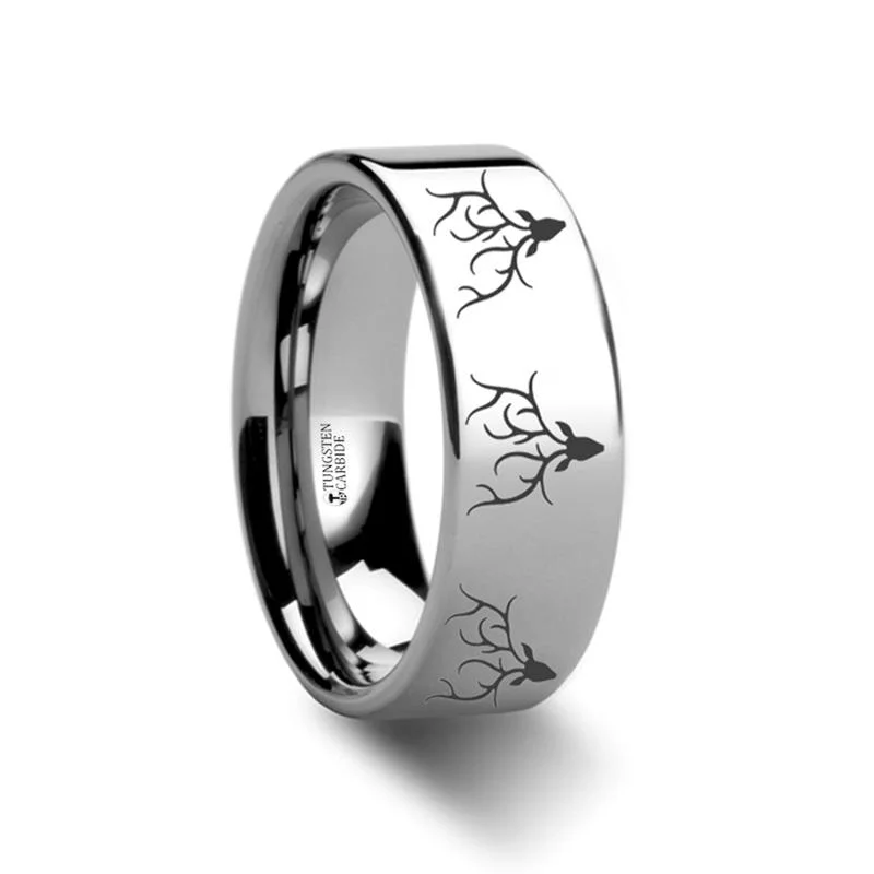 classic solitaire engagement rings for women-Reindeer Deer Stag Head Print Engraved Flat Tungsten Wedding Band for Men and Women - 4MM - 12MM