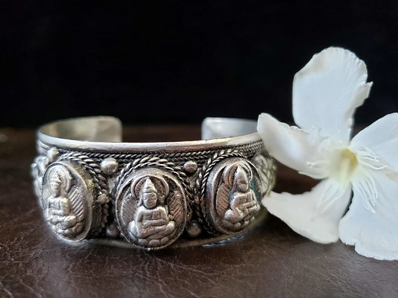 gemstone bangles with diamonds for women-Rustic Tibetan Buddha Shrine Cuff Bracelet Traditional Authentic Buddhist Jewelry