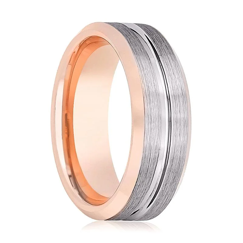 affordable custom-designed engagement rings for women-LEONINE | Rose Gold Tungsten Ring, Brushed, Grooved, Beveled Edge