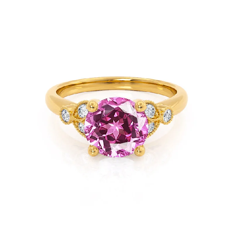 DELILAH - Chatham® Round Pink Sapphire 18k Yellow Gold Shoulder Set Ring