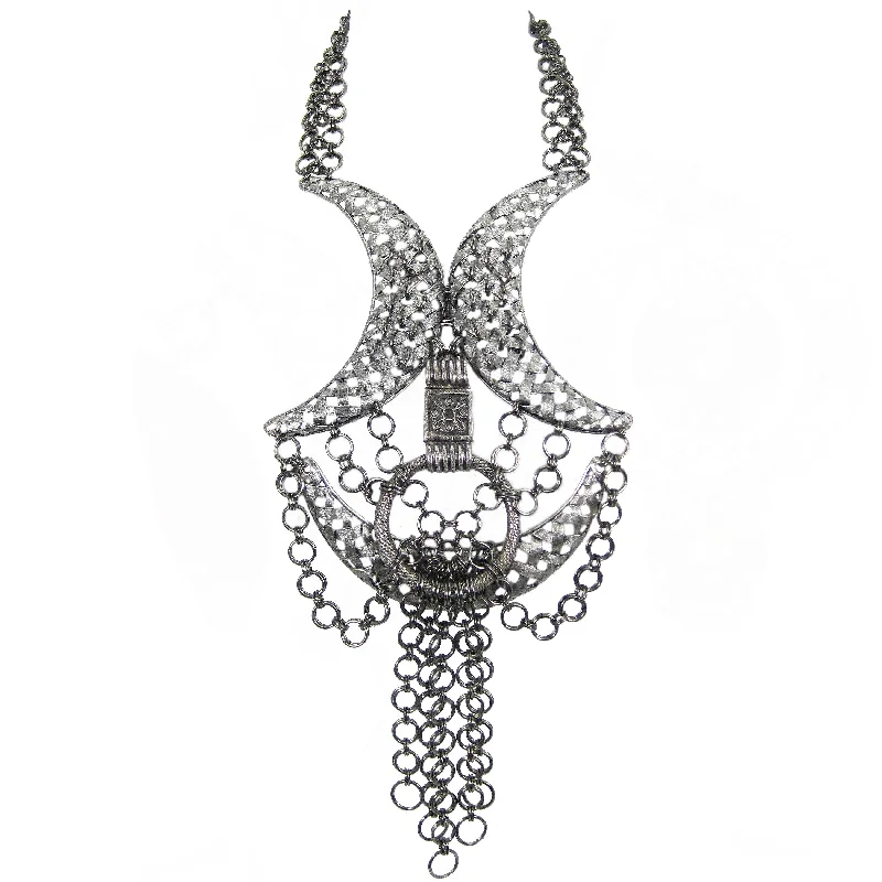 art deco necklaces for women-#1115n Pewter Tone Oversized Choker/Bib/Neck Piece With Ring & Chain Tassel