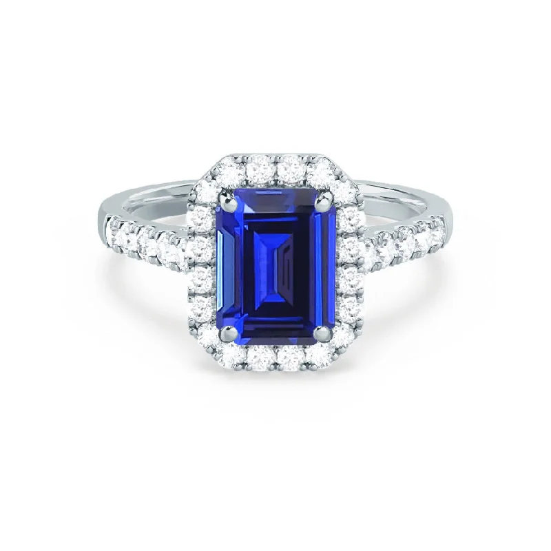 ESME - Emerald Lab-Grown Blue Sapphire & Diamond 18K White Gold Halo