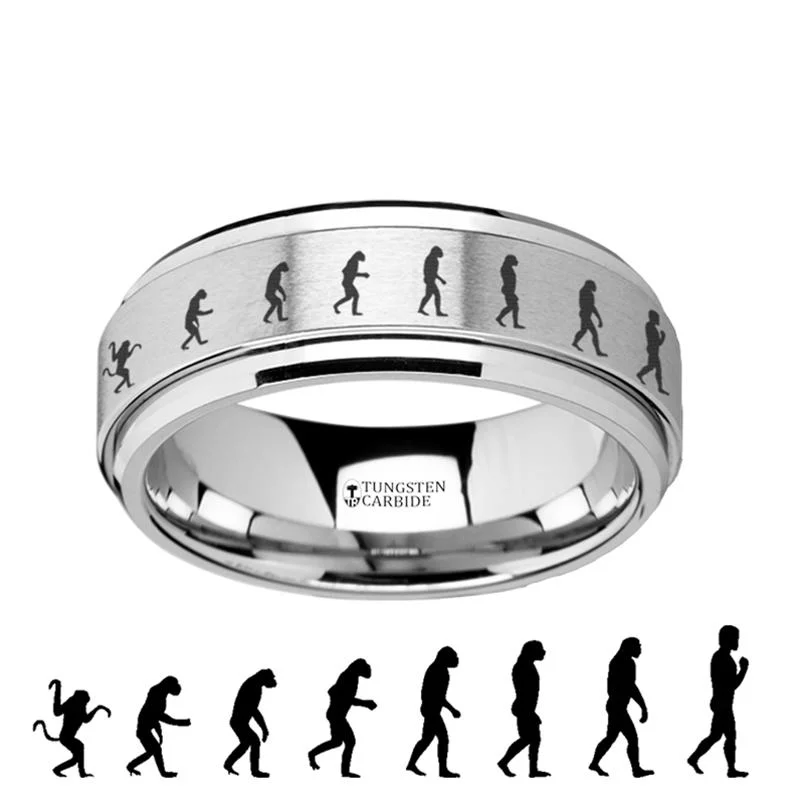 top rated engagement rings for women-Human Evolution Engraved Spinning Tungsten Carbide Everyday Ring for Men with Bevels - 8MM