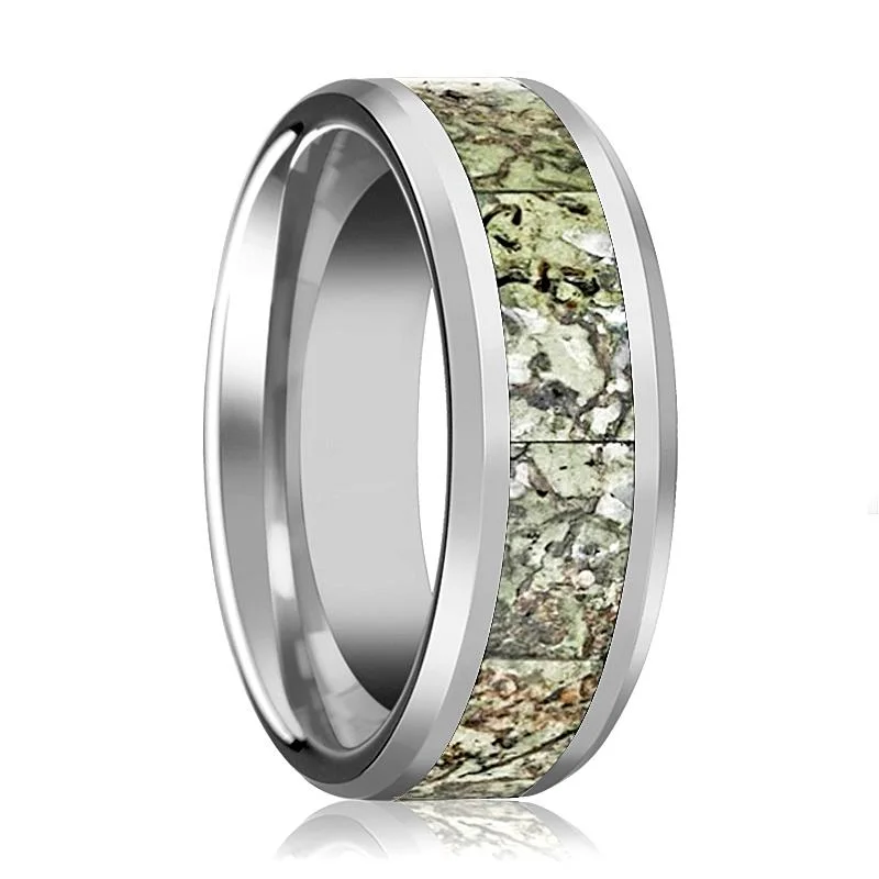 cushion-cut solitaire engagement rings for women-TARGARYEN | Silver Tungsten Ring, Light Green Dinosaur Bone Inlay, Beveled