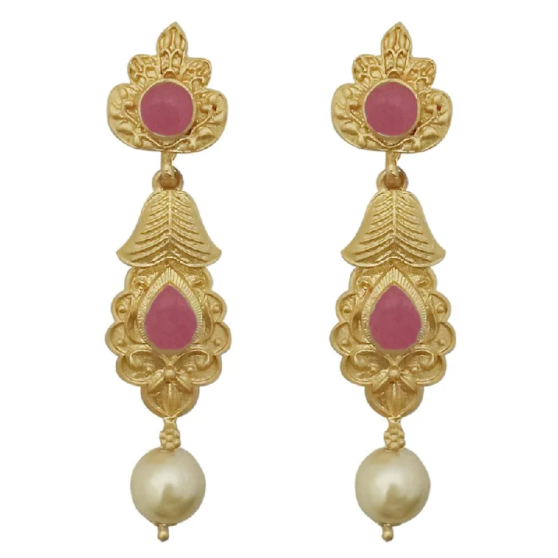 gemstone earrings for women-Kriaa Pink Pota Stone Gold Plated Pearl Dangler Earrings - 1313111D