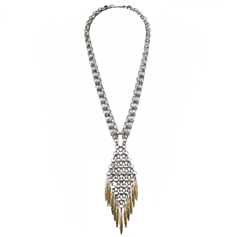 elegant wedding necklaces for women-#975nl Silver & Gold Tone Chain Mail Long Pendant Necklace With Spike Fringe