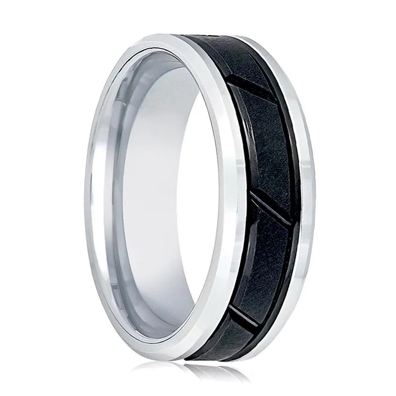 affordable engagement rings for women-Two Tone Tungsten Wedding Band for Men with Black Diagonal Grooved Center and Silver Beveled Edges - 8MM