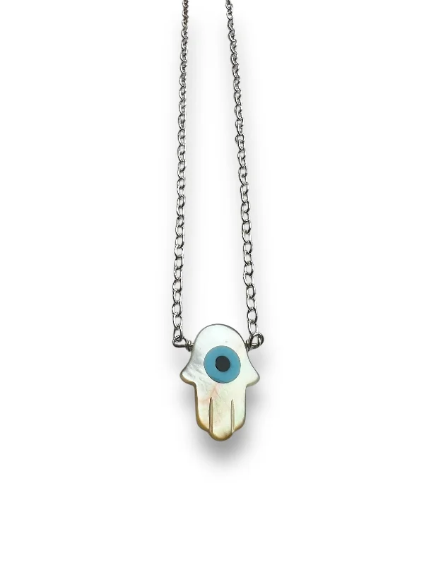 adjustable necklaces for women-Mother Of Pearl Hamsa Hand Silver Necklace