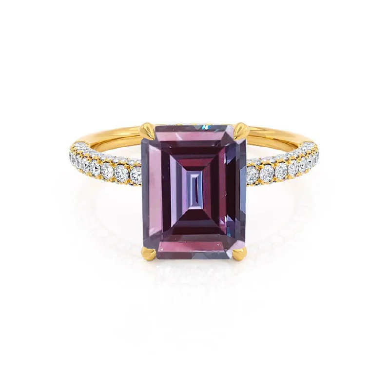 COCO - Chatham® Emerald Alexandrite & Diamond 18k Yellow Gold Petite Hidden Halo Triple Pavé Ring