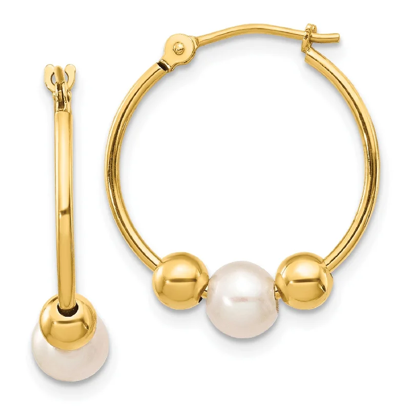 adjustable earrings for women-14k Real Yellow Gold 6mm Freshwater Cultured Pearl Hoop Earring, 19mm Diameter