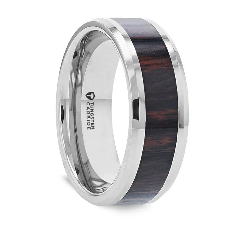 engagement rings with pearl accents for women-AZTEC | Silver Tungsten Ring, Mahogany Wood Inlay, Beveled