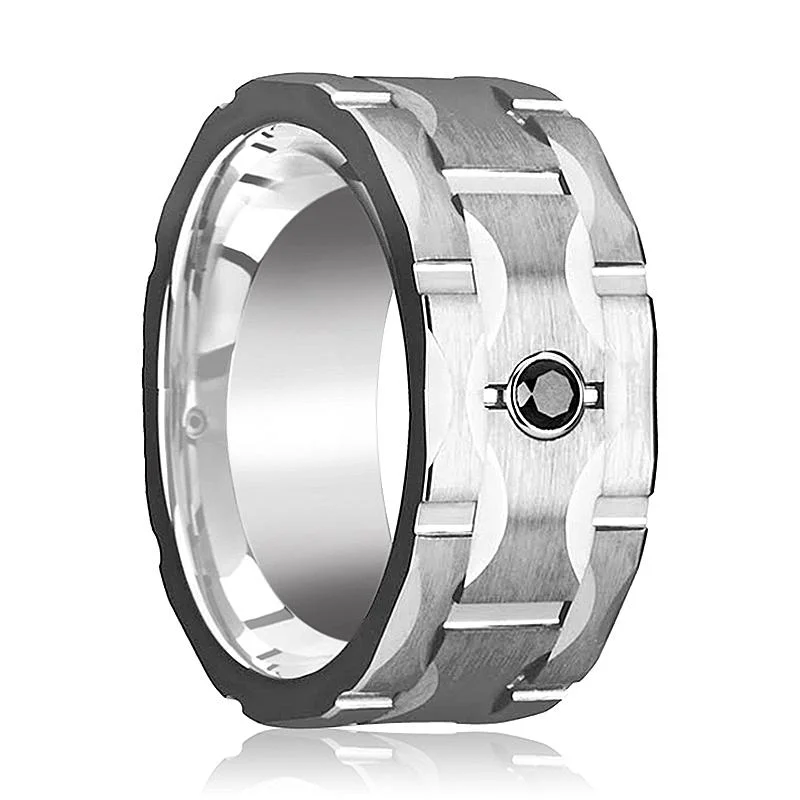 classic engagement rings for women-RAMA | Tungsten Ring Grooves and Black Diamond Setting