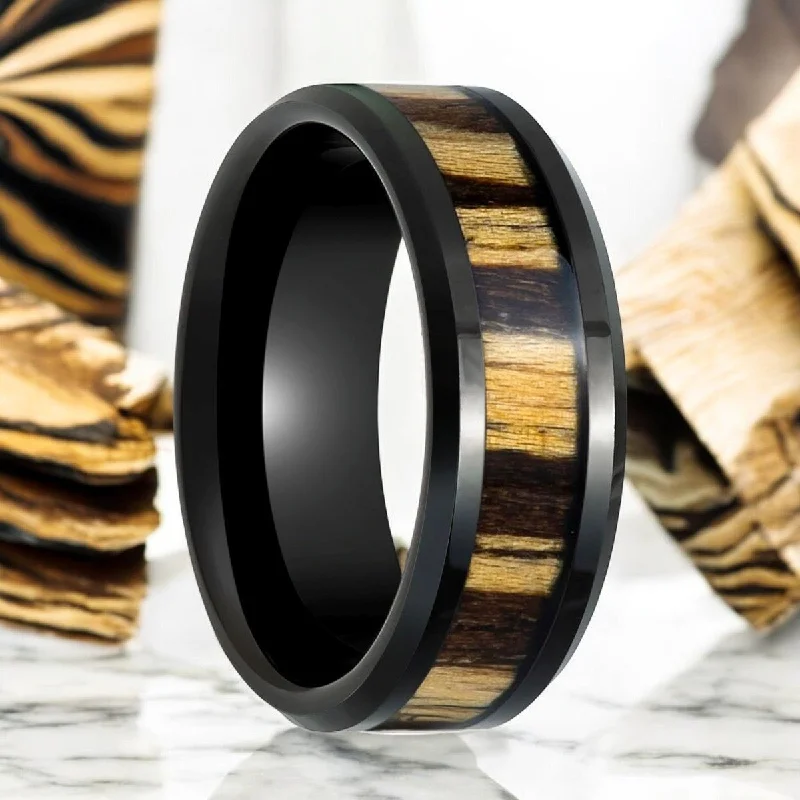 diamond engagement rings for women-WILDSTRIPE | Black Tungsten Ring, Zebra Wood Inlay, Beveled Edge