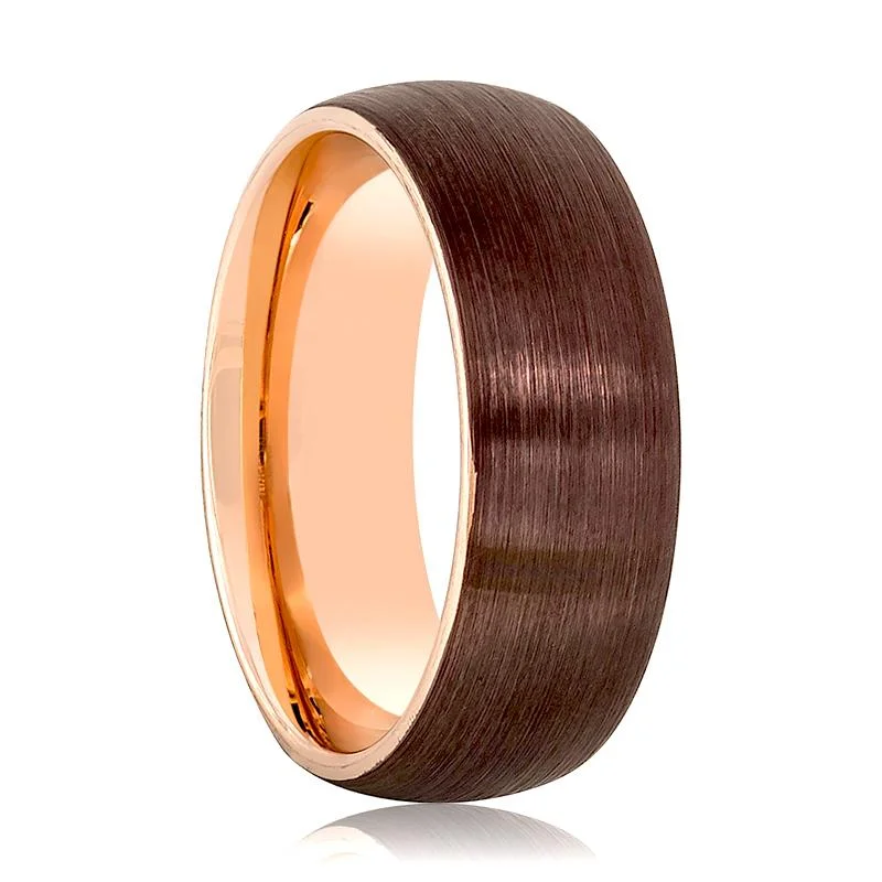 vintage gold engagement rings for women-MARAR | Rose Gold Tungsten Ring, Brown Brushed, Domed