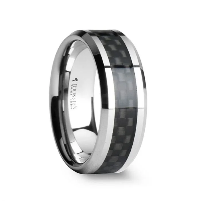 diamond engagement rings for women-MAXIMUS | Silver Tungsten Ring, Black Carbon Fiber Inlay, Beveled, 10mm, 12mm