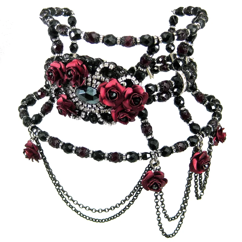 elegant heart necklaces for women-#478n Vintage Inspired Jet, Ruby & Rhinestone Tall Choker With Roses & Chain Bib