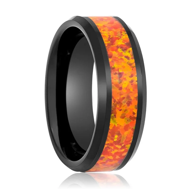 timeless engagement rings for women-DRAGON | Tungsten Ring Orange Opal Inlay