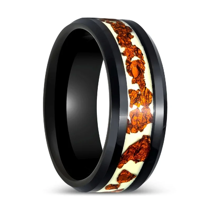 engagement rings with pearl accents for women-BRONZIUM | Black Tungsten Ring, Copper Scraps Inlay, Beveled