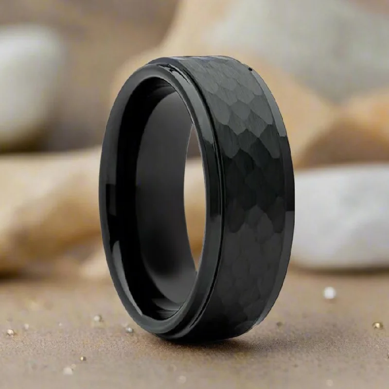 luxury engagement rings for women-AEROBITS | Black Tungsten Ring, Hammered, Stepped Edge