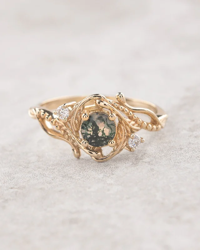 Round moss agate engagement ring with diamonds, nature themed gold ring / Undina