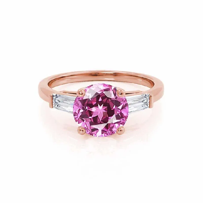 LOVETTA - Chatham® Round Pink Sapphire & Diamond Baguette 18k Rose Gold Trilogy