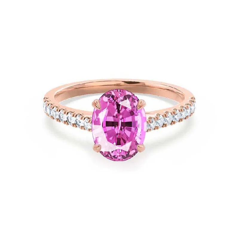 VIOLA - Chatham® Pink Sapphire Oval & Diamond 18k Rose Gold Shoulder Set Ring