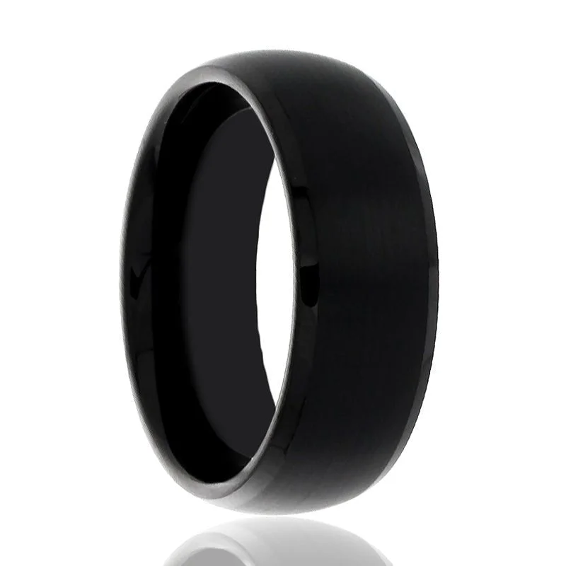 oval diamond engagement rings for women-SPADE | Black Tungsten Ring, Brushed, Domed, Beveled