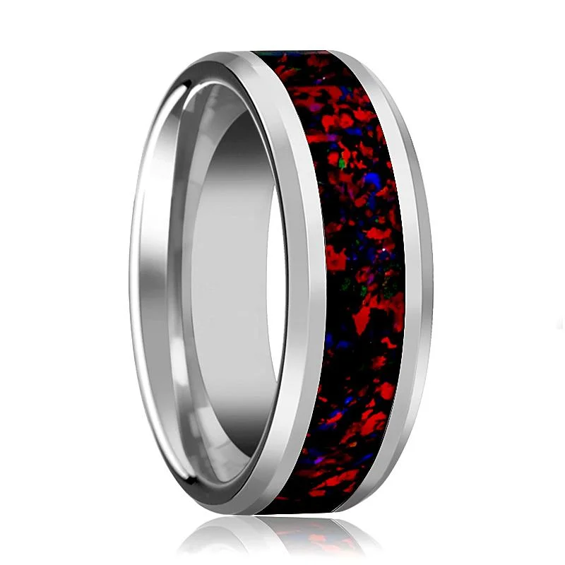 unique engagement rings for women-HALLEY | Tungsten Ring, Black Opal Inlay, Beveled