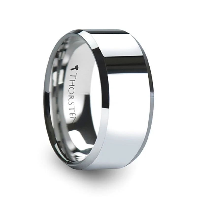 princess cut engagement rings for women-CORINTHIAN | Silver Tungsten Ring, Shiny, Beveled, 10mm, 12mm