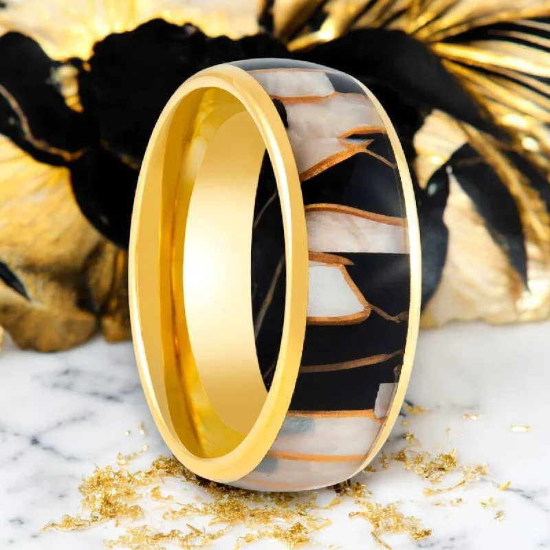 gold engagement rings for women-SHAVOGOLD | Gold Tungsten Ring, Black Resin & Gold Shavings Inlay, Domed