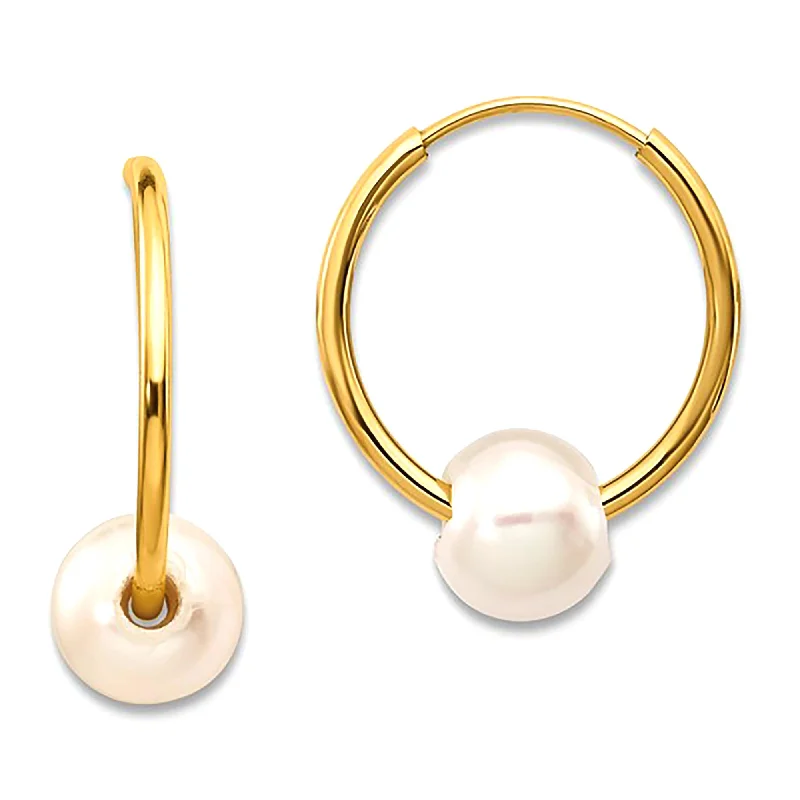 pearl stud earrings for women-14k Real Yellow Gold 5.5 mm White Round Freshwater Cultured Pearl Endless Hoop Earrings