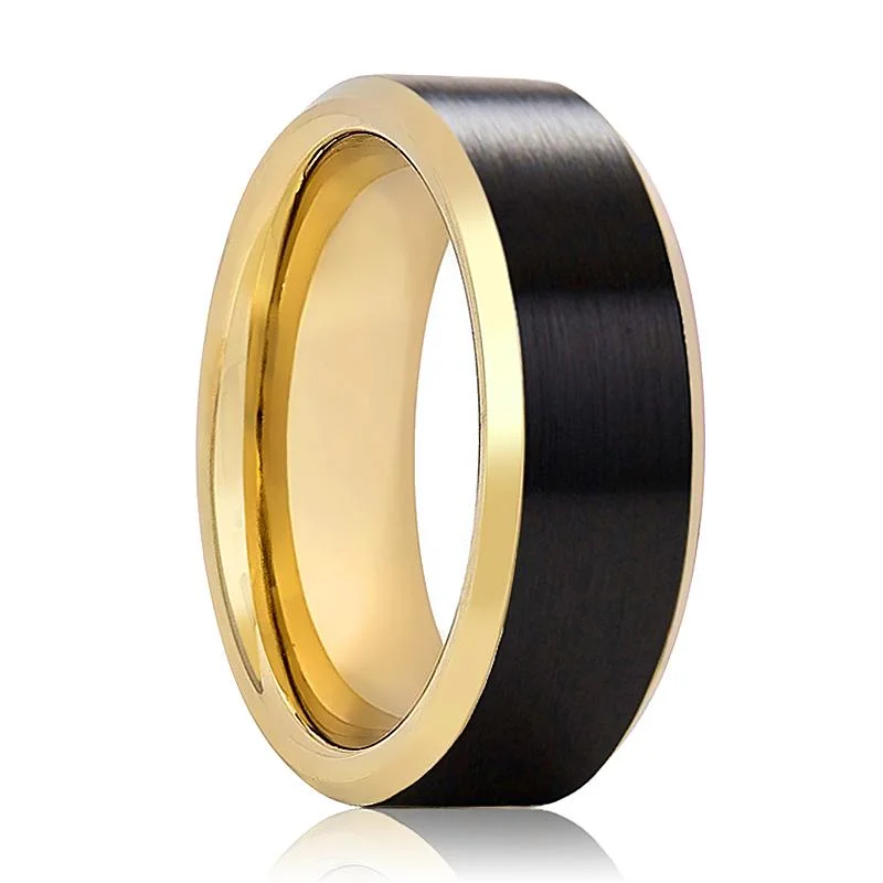 custom diamond engagement rings for women-GASTON | Gold Tungsten Ring, Black Brushed, Gold Beveled Edges