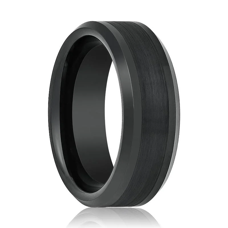 fine diamond engagement rings for women-PANDARUS | Black Tungsten Ring, Brushed, Beveled