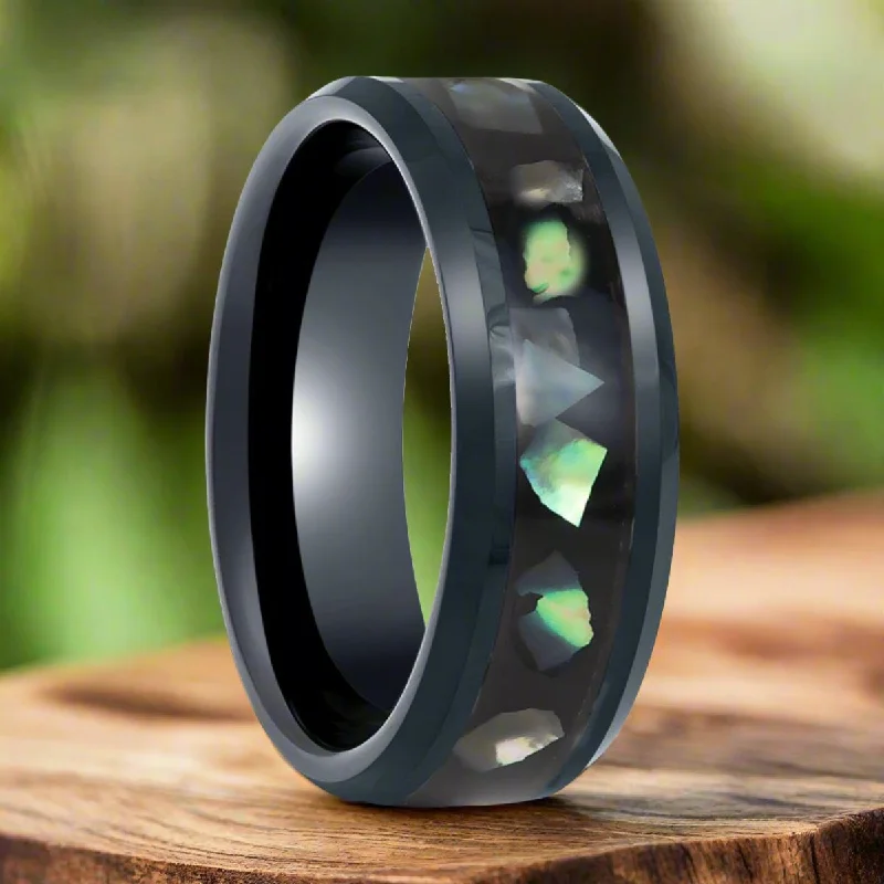 stylish engagement rings for women-ABALONX | Black Tungsten Ring, Black Resin & Abalone Shell Inlay