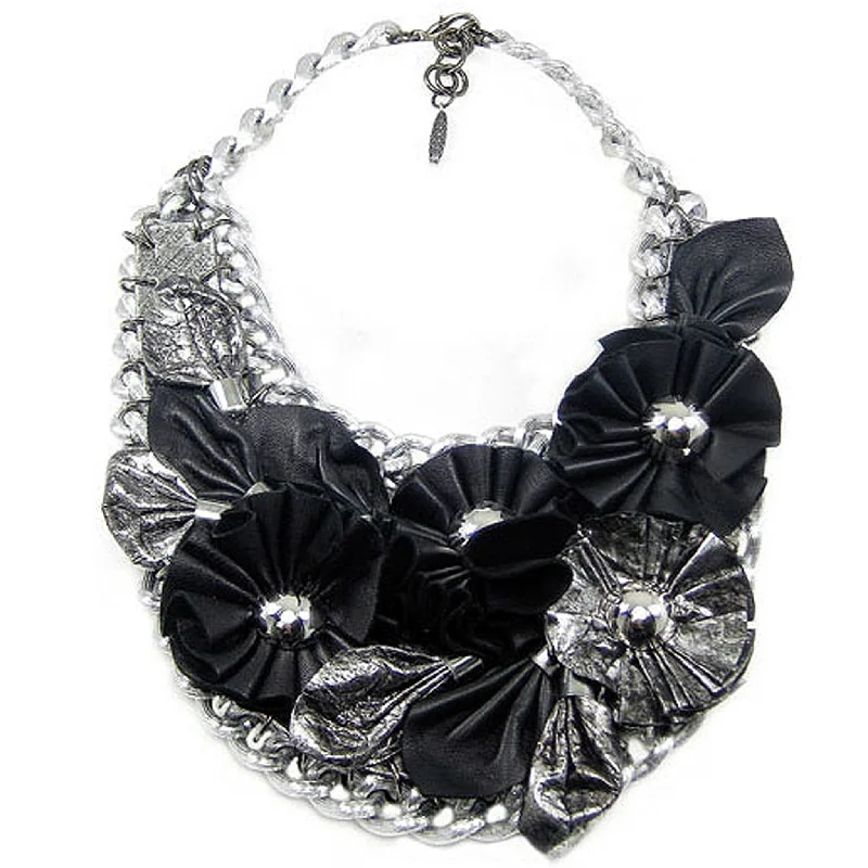 lucky charm necklaces for women-#914n Black/Silver Leather Flower & Chain Bib Necklace