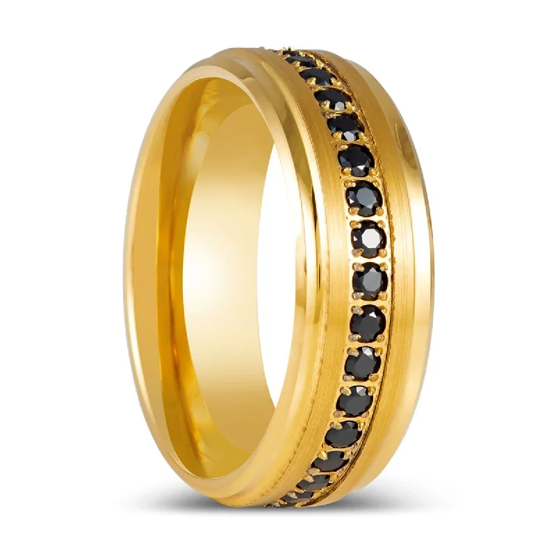 elegant engagement rings with diamonds for women-EBONYGLITZ | Yellow Gold Ring, Black CZ Ring, Stepped Edge