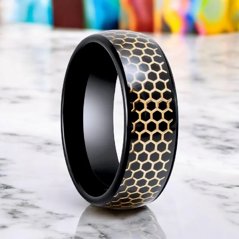 platinum engagement rings for women-CASTORLAND | Black Tungsten Ring, Gold Honeycomb Inlay, Domed