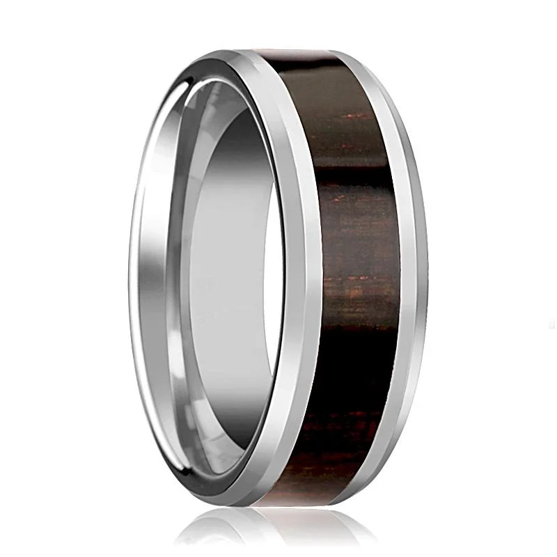 classic engagement rings for women-ARCANE | Silver Tungsten Ring, Ebony Wood Inlay, Beveled