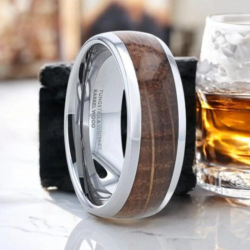 vintage engagement rings for women-FORMENT | Silver Tungsten Ring, Whiskey Barrel Inlay, Domed Polished Edges