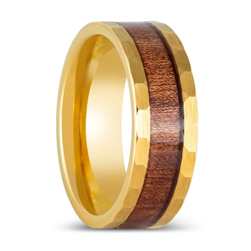 modern diamond engagement rings for women-OCTANS | Gold Tungsten Ring, Koa Wood Inlay, Flat