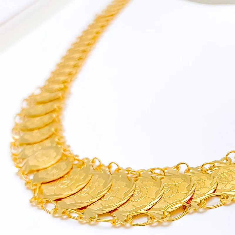 gold necklaces for women-Dapper Classic Floral Coin 22k Gold Mala  - 19"