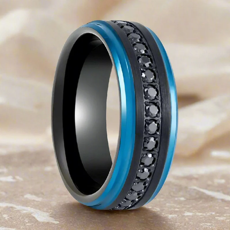 romantic engagement rings for women-ALISO | Black Tungsten Ring with Blue Edges