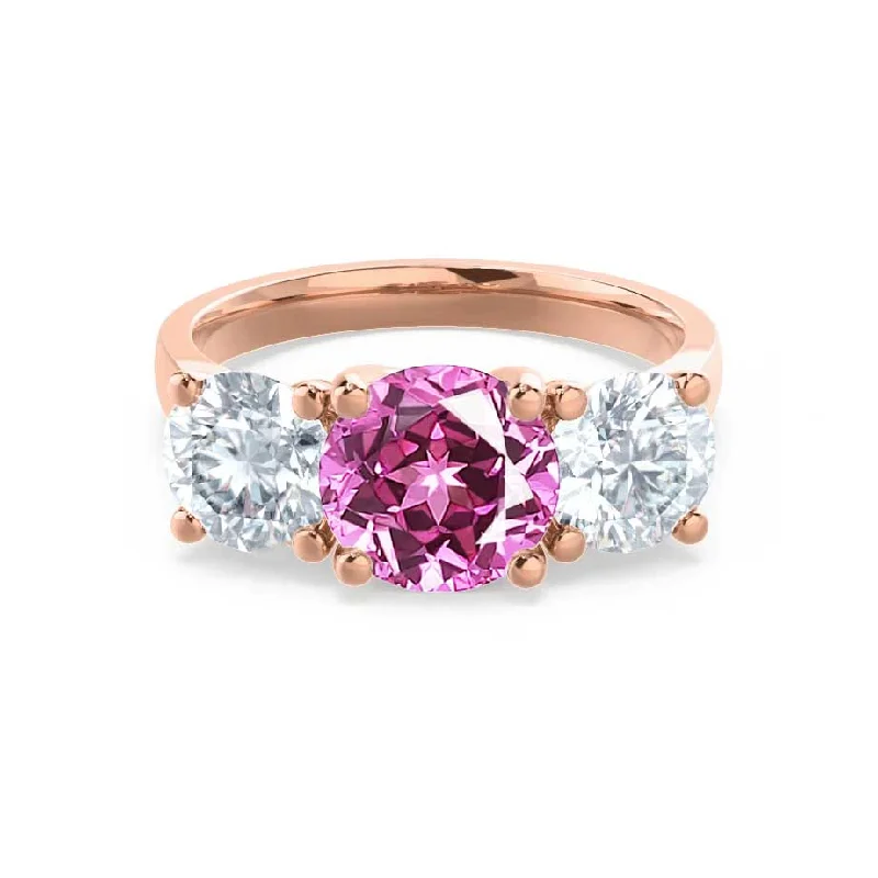 LEANORA - Chatham® Round Pink Sapphire 18k Rose Gold Trilogy