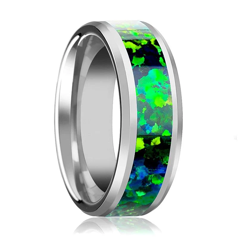 unique wedding engagement rings for women-PHOTON | Tungsten Ring, Emerald Green and Sapphire Blue Opal Inlay, Beveled