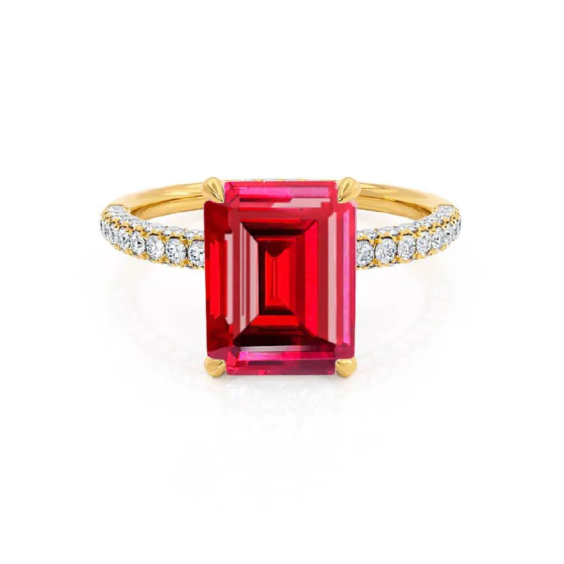 COCO - Chatham® Emerald Ruby & Diamond 18k Yellow Gold Petite Hidden Halo Triple Pavé Ring