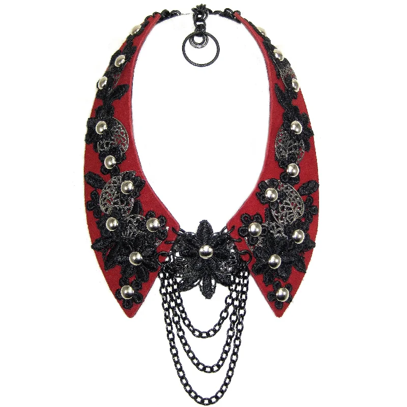 long necklaces for women-#1017n Red Leather Collar Necklace With Gunmetal & Black Floral Detail