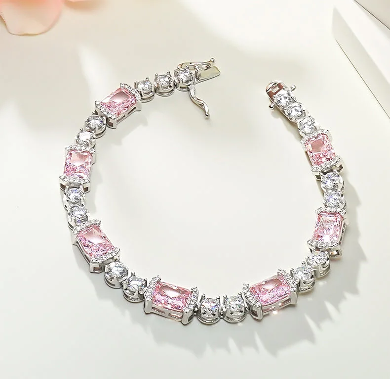 bridesmaid bracelets for women-Radiant Cut Pink Gemstone Tennis Bracelet in Sterling Silver